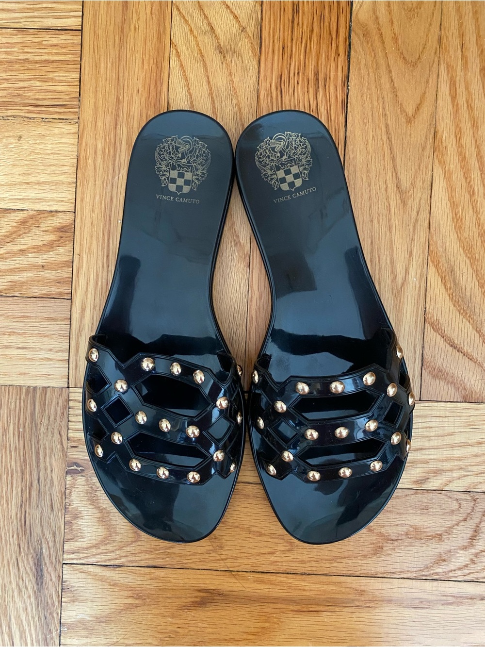 Vince Camuto Black Slide Sandals with Gold Studs